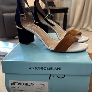 ANTONIO MELANI Black and Tan Heeled Sandals